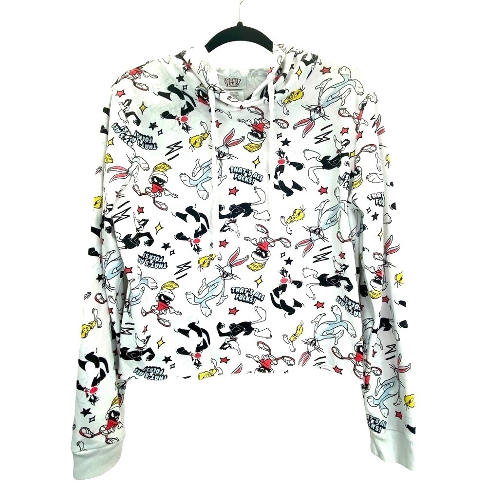 WARNER Bros Looney Tunes Cropped Hooded White Sweatshirt EUC Size M *Rare*